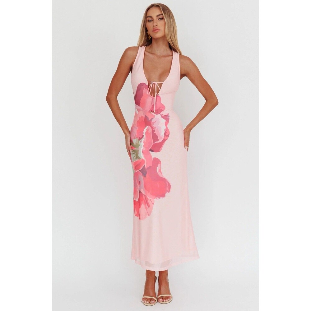 Here Comes The Sun Tied Plunging Neckline Floral maxi Pink Size S NWT